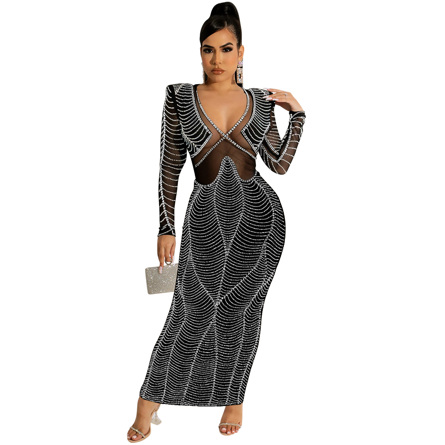 Casual Dress sexy nightclub hot rhinestone mesh see through V neck long sleeve dress for women