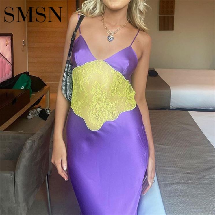 Fashionable sexy spice girl spell color halter belt dress hook flower hollow V collar back waist long Casual Dress