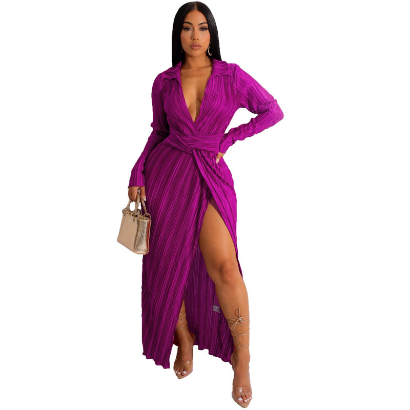 Plus Size Dress Europe and America sexy slit dress Amazon autumn and winter New V neck long sleeve pleated dress