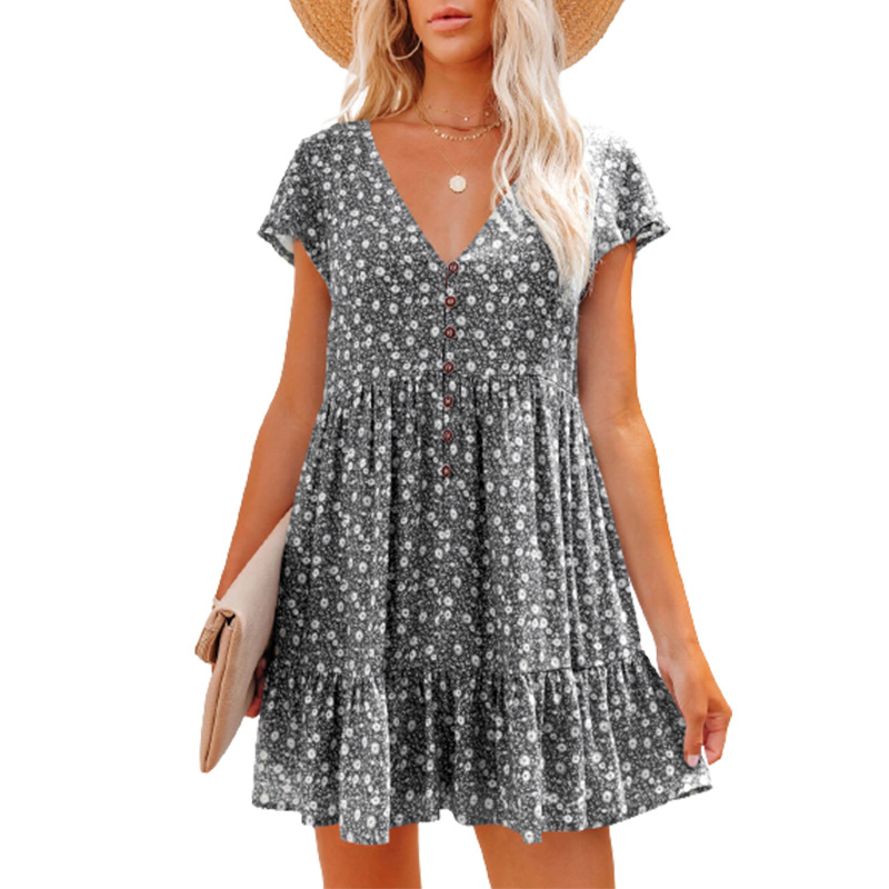 Spring and summer V-neck buttons small floral short sleeve loose casual dress women's clothing plus size casual dress