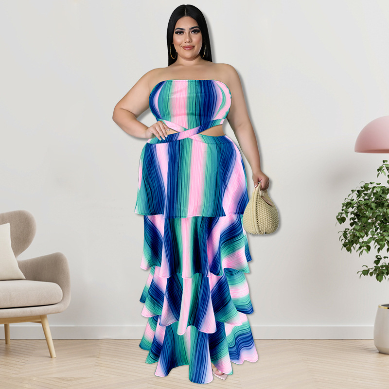 Plus Size Dress Wholesale Tube Top Vertical Bar Large Swing Dress