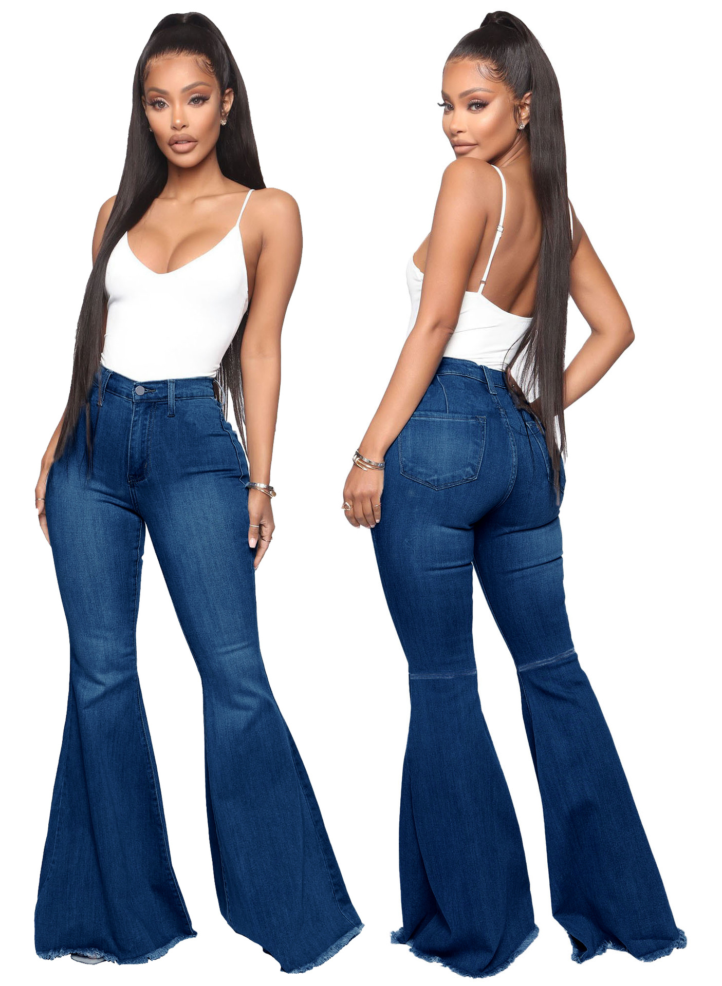 Fashion high waist elastic denim flared pants