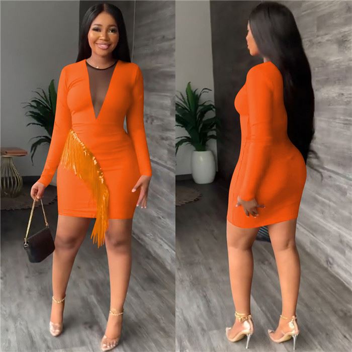 Boutique clothing 2022 mesh long sleeve classic dresses tassel sexy night dress