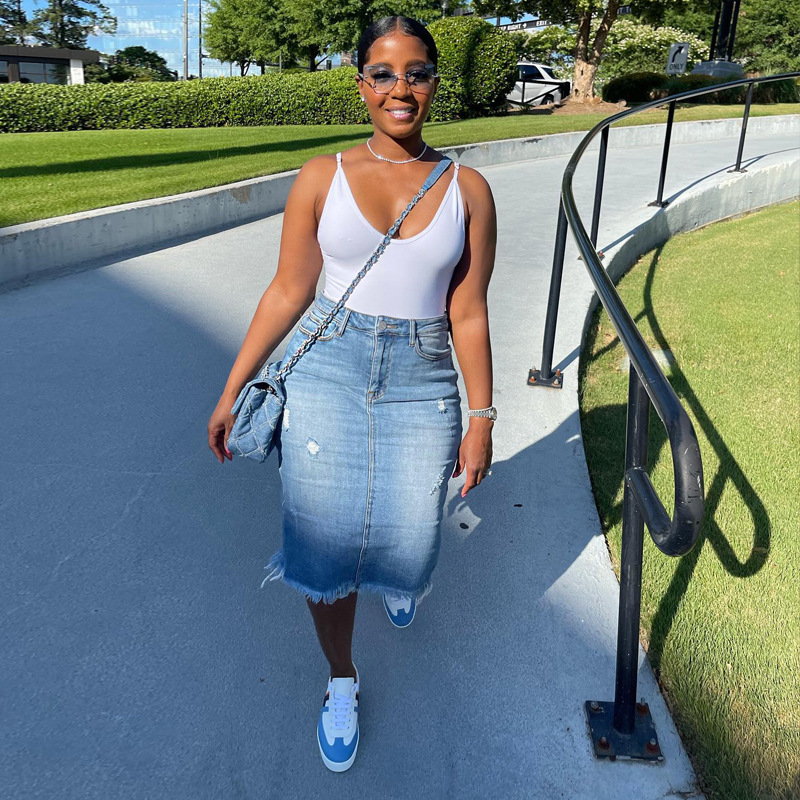 Denim matted buttock wrap A-line skirt