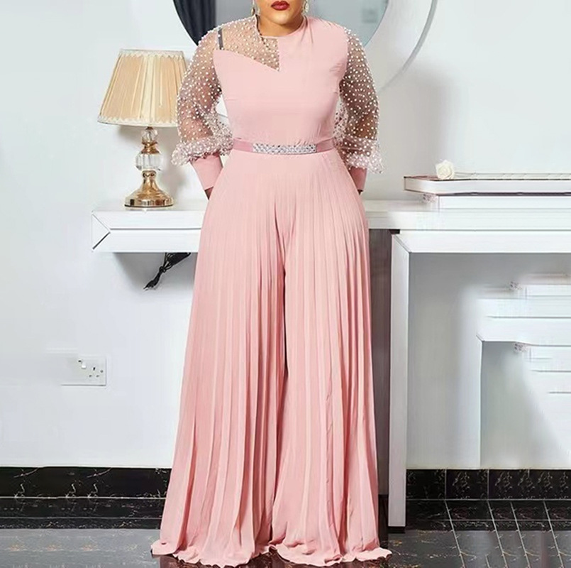 Wholesale Plus Size Patchwork One Piece Wide Leg Jumpsuits Chiffon Mesh See-Through Jumpsuit