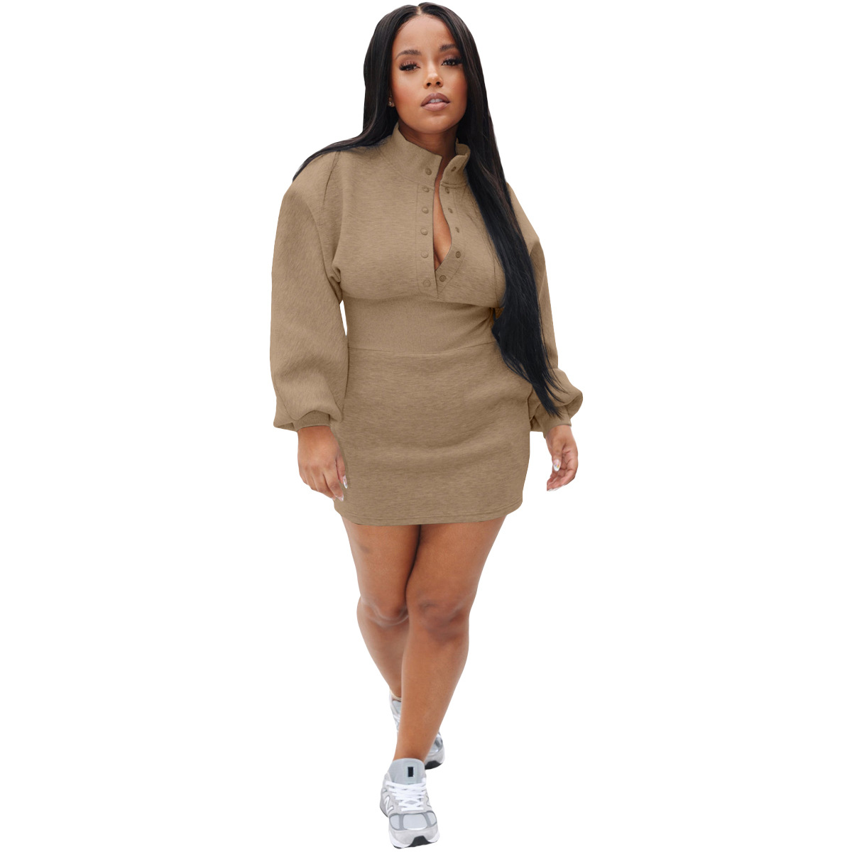 Plus size dress European and American autumn winter sweater fabric thread waist casual dress