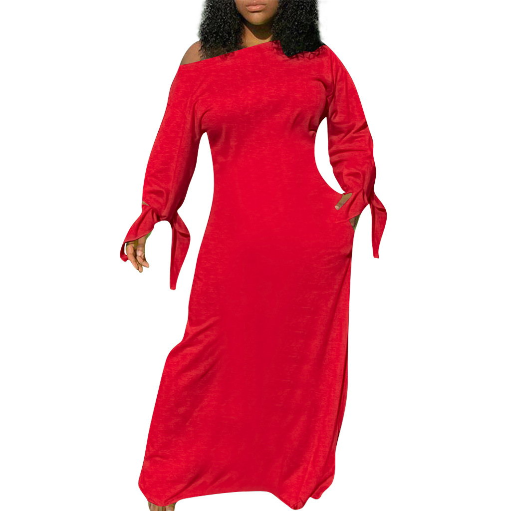 Plus Size Dress solid color cotton long sleeve cuff knotted dress long skirt with pockets on both sides