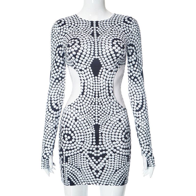 Polka Dot Printed Long Sleeved Round Neck Waist Hollowed Out Dress