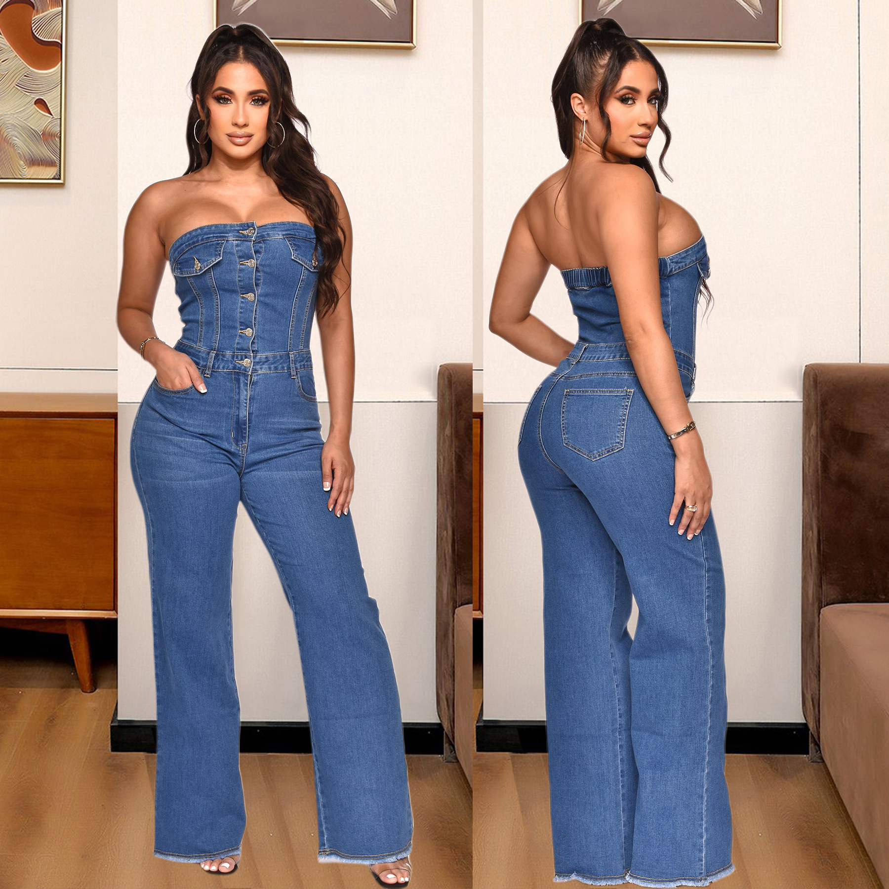 Bra Large Off Shoulder Slim Fit Micro Horn Denim jumpsuit