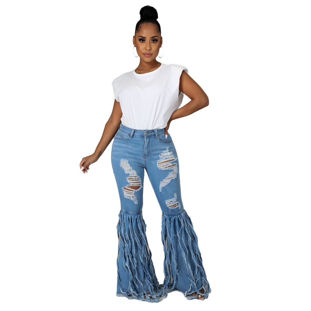 Sexy fashion tassel pierced elastic flared pants