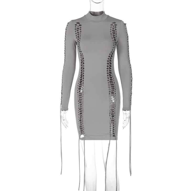 Fashion Sexy Stitching Hollow Long Sleeve Package Hip Dress For Women