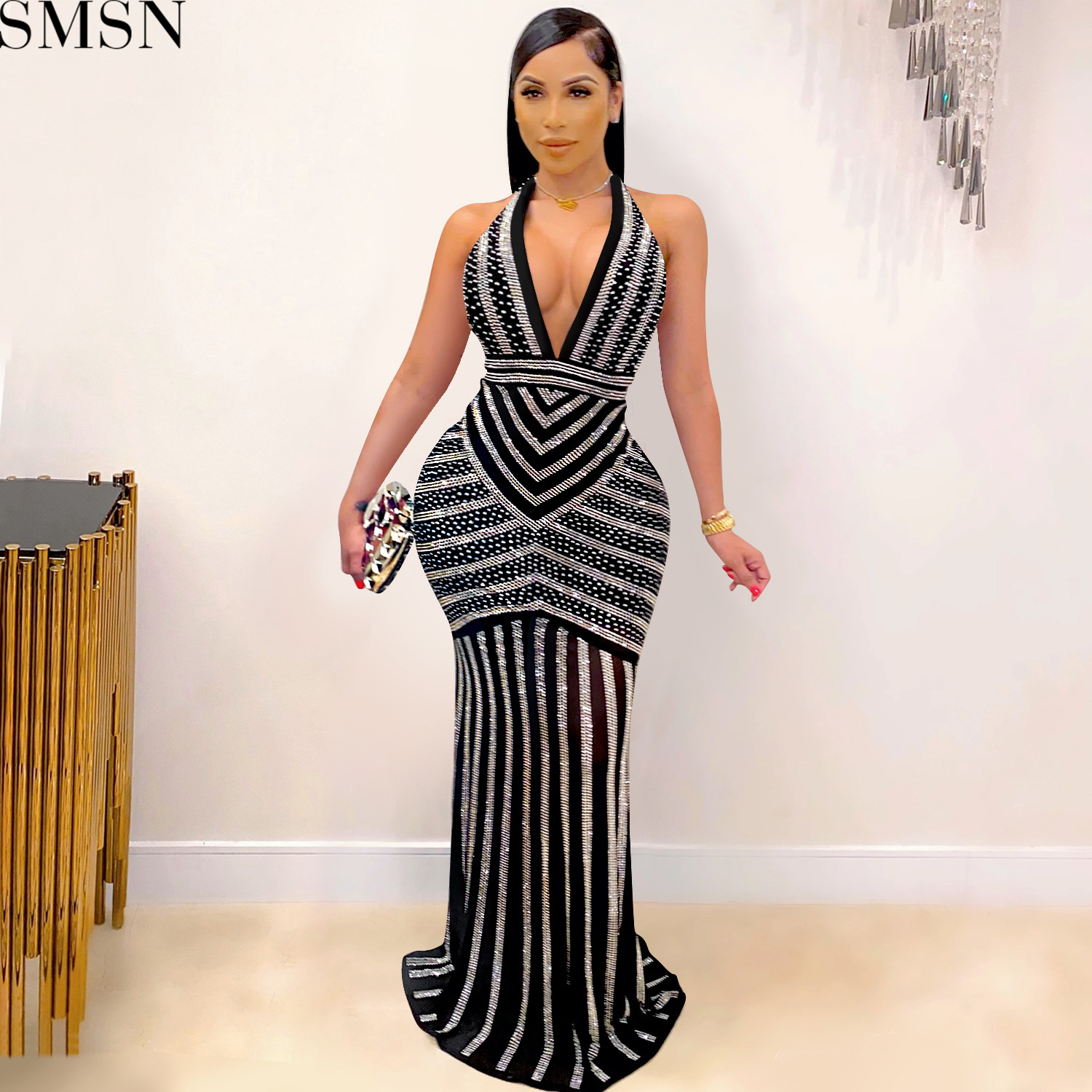 Fashion women dress deep V-neck and backless nightclub party formal dress rhinestone see-through dress plus size casual dress