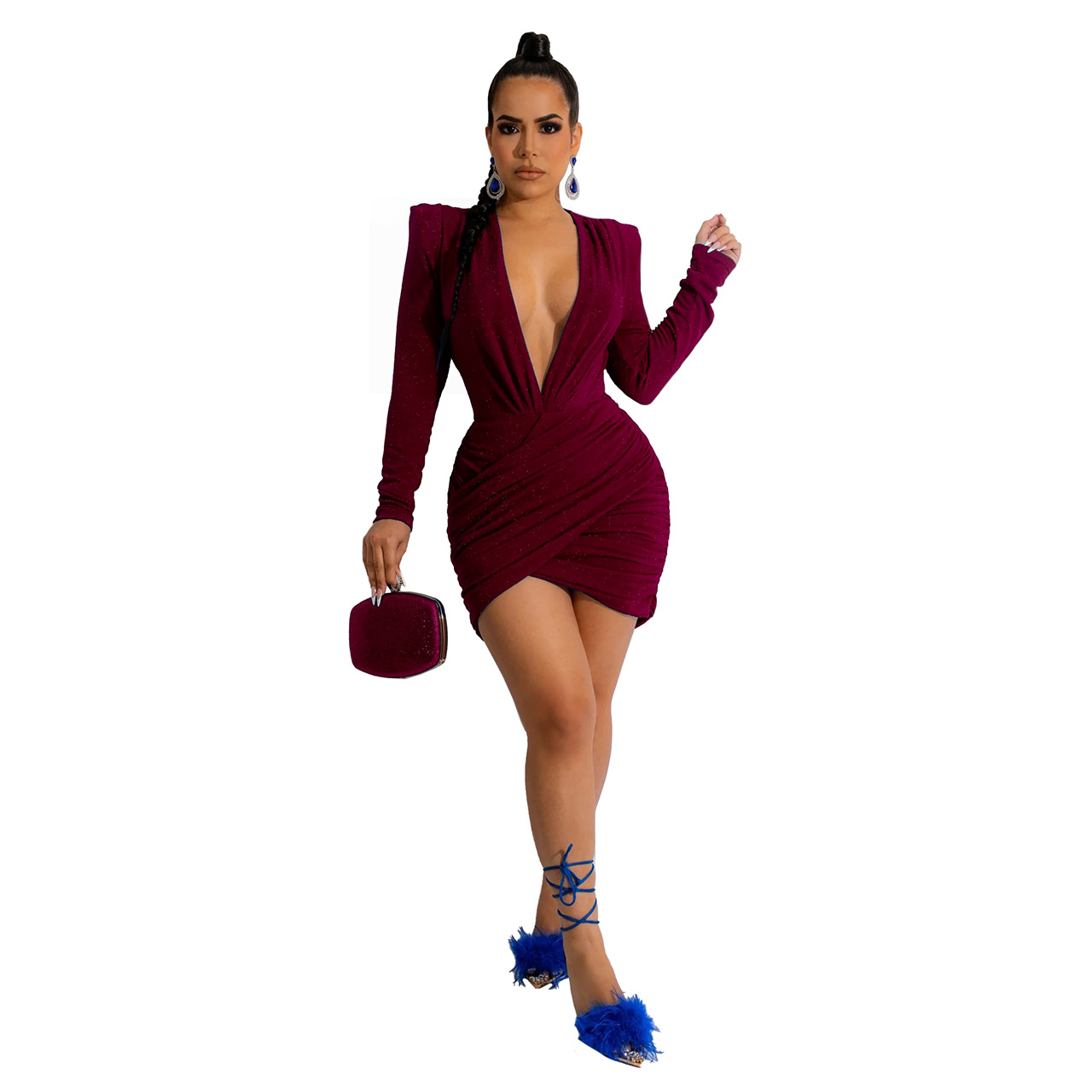 Plus Size Dress Amazon new autumn and winter V neck padded shoulder velvet cocktail party sexy dress