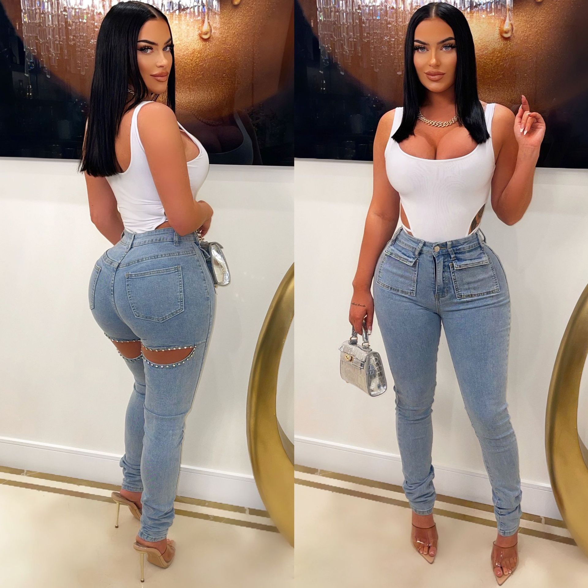 Casual distressed washed and pearl trimmed jeans