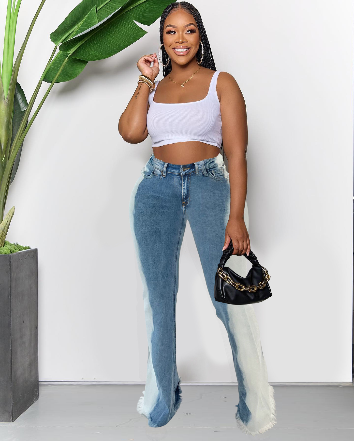 Stretch gradient color blocking micro flare buttocks sexy jeans