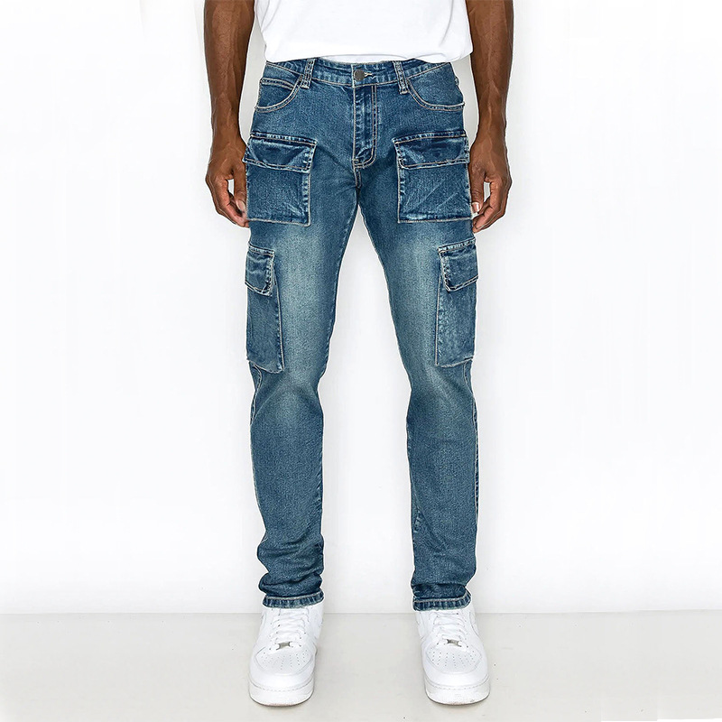 Fashion elastic side pocket jeans men's cargo pants