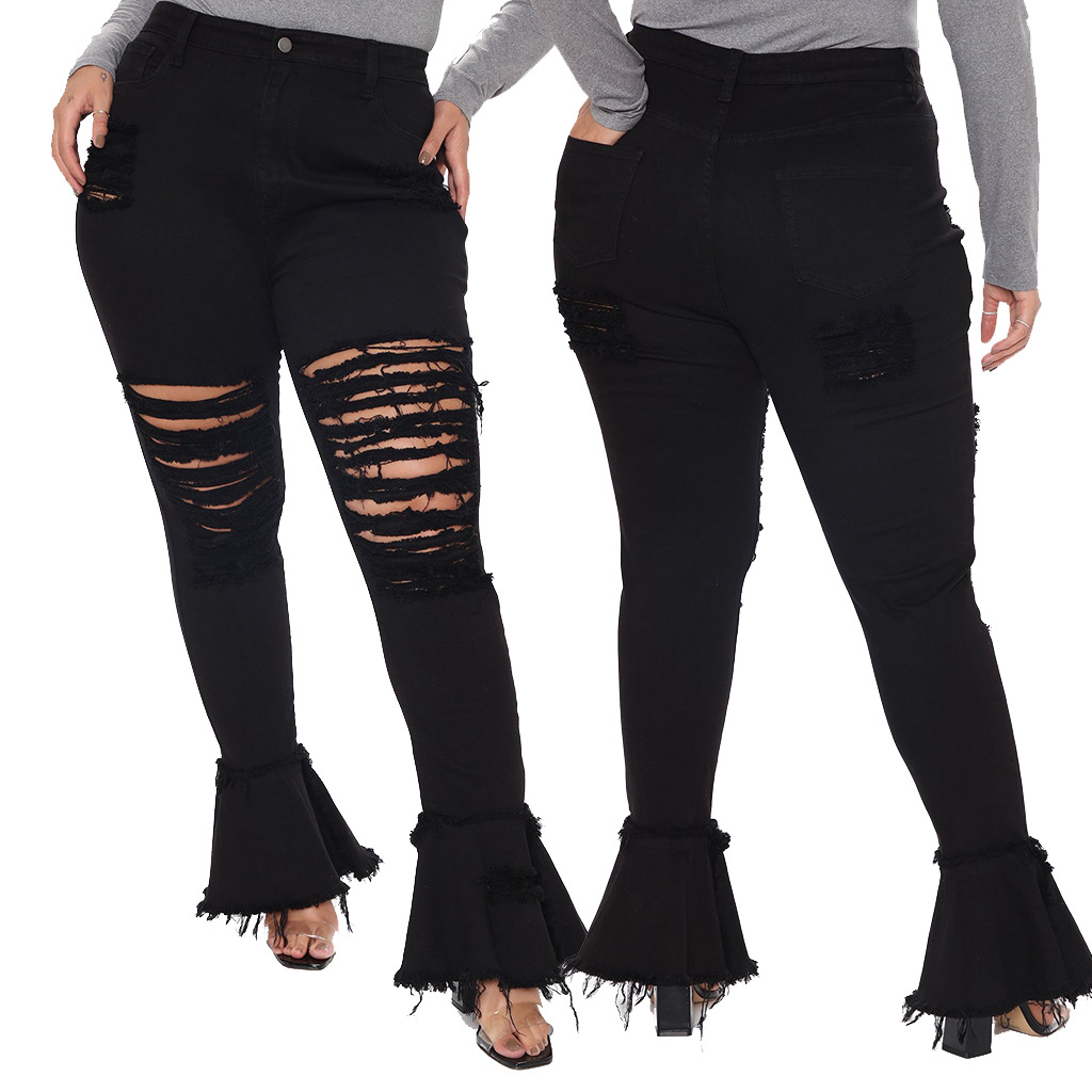 Fashion hole stitching micro flared pants
