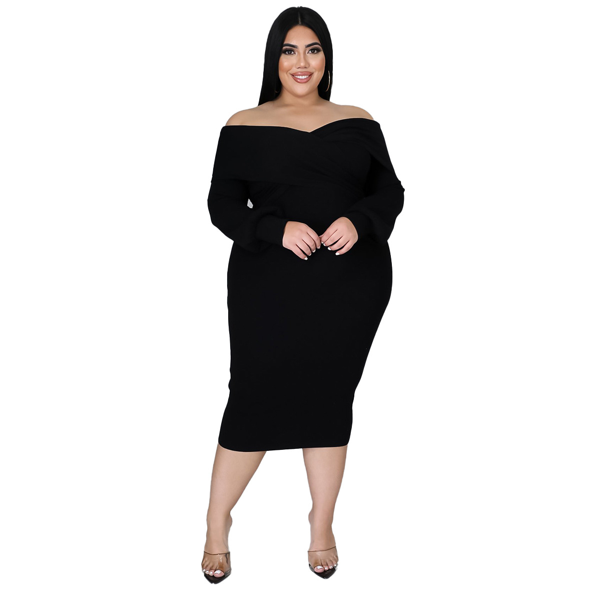 Plus Size Dress V neck solid color midi dress sexy dress wish hot sale