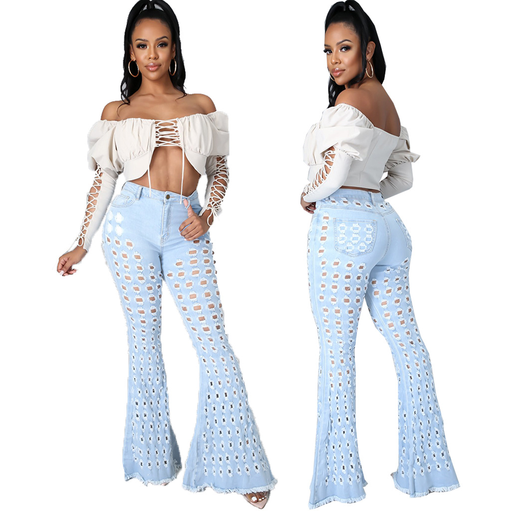 Fashion denim flared pants with holes