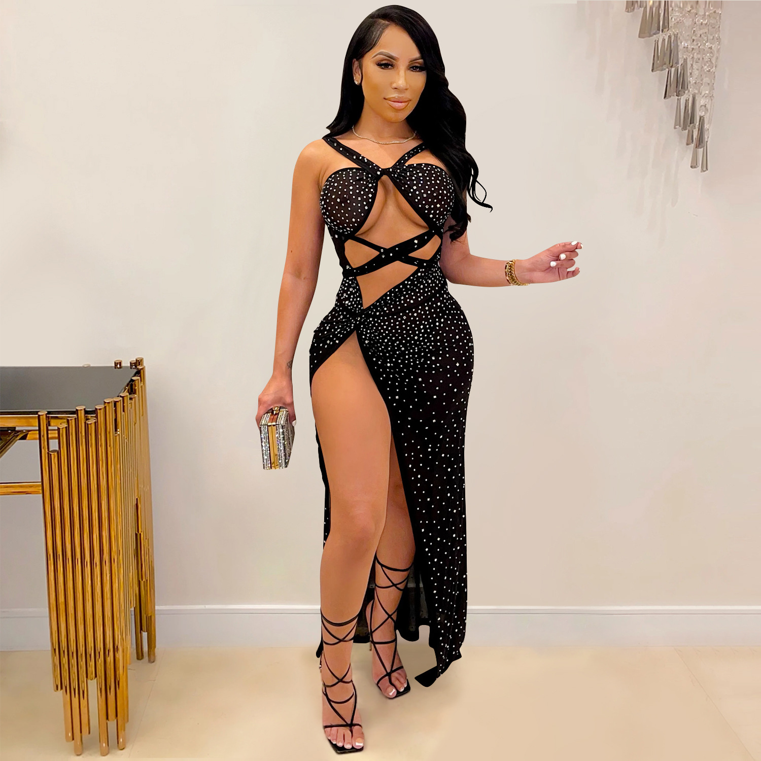 Plus Size Dress new fashion style nightclub mesh hot drilling sexy hollow-out camisole split maxi dress