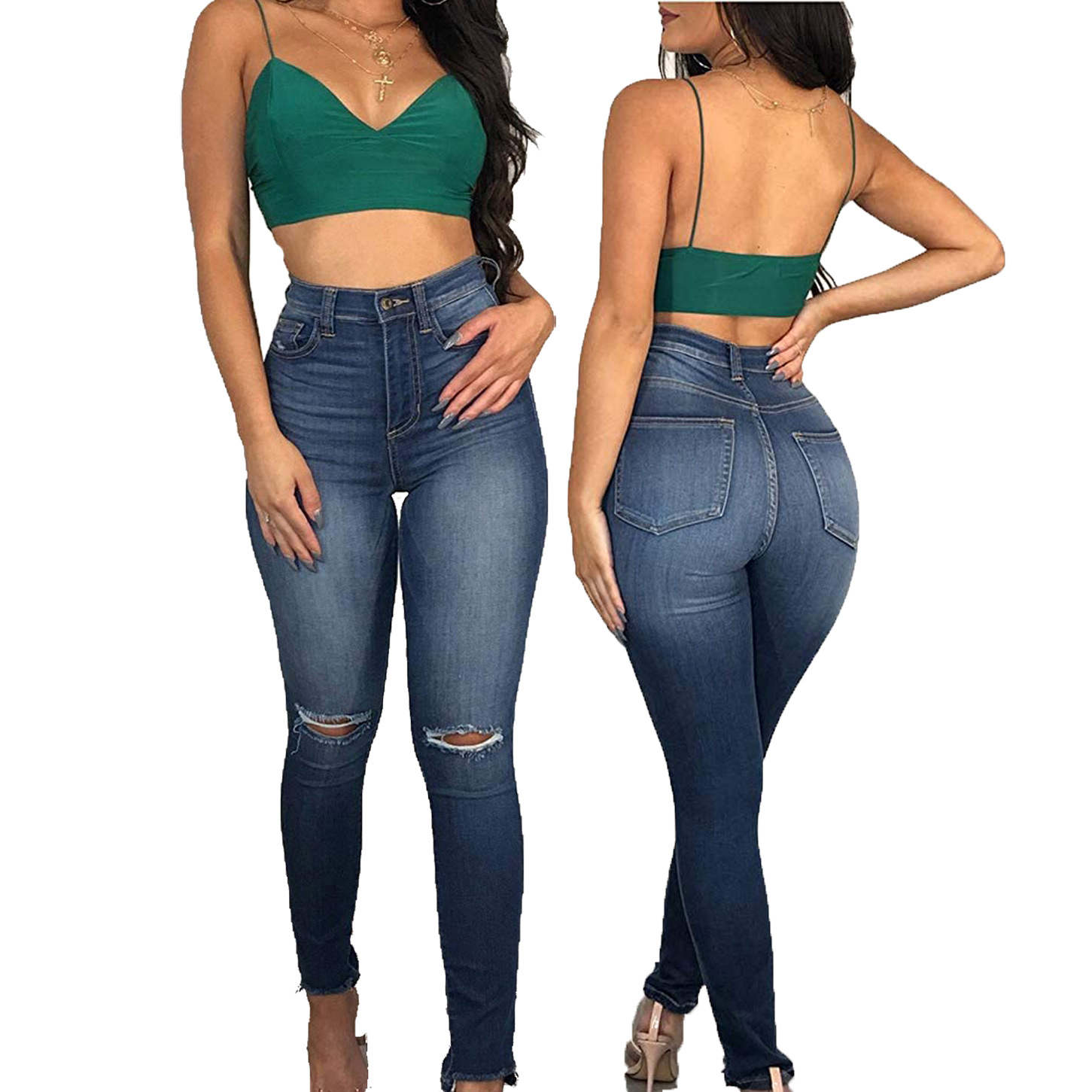 Fashion high waist denim tight pants with holes