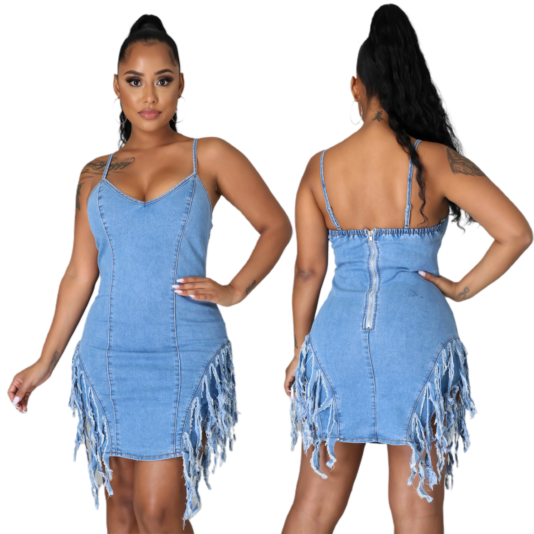 Fashionable open back denim skirt with strap