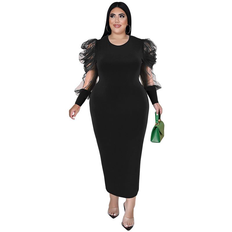 Plus Size Dress fall women clothing wholesale round neck long sleeve hit net dress