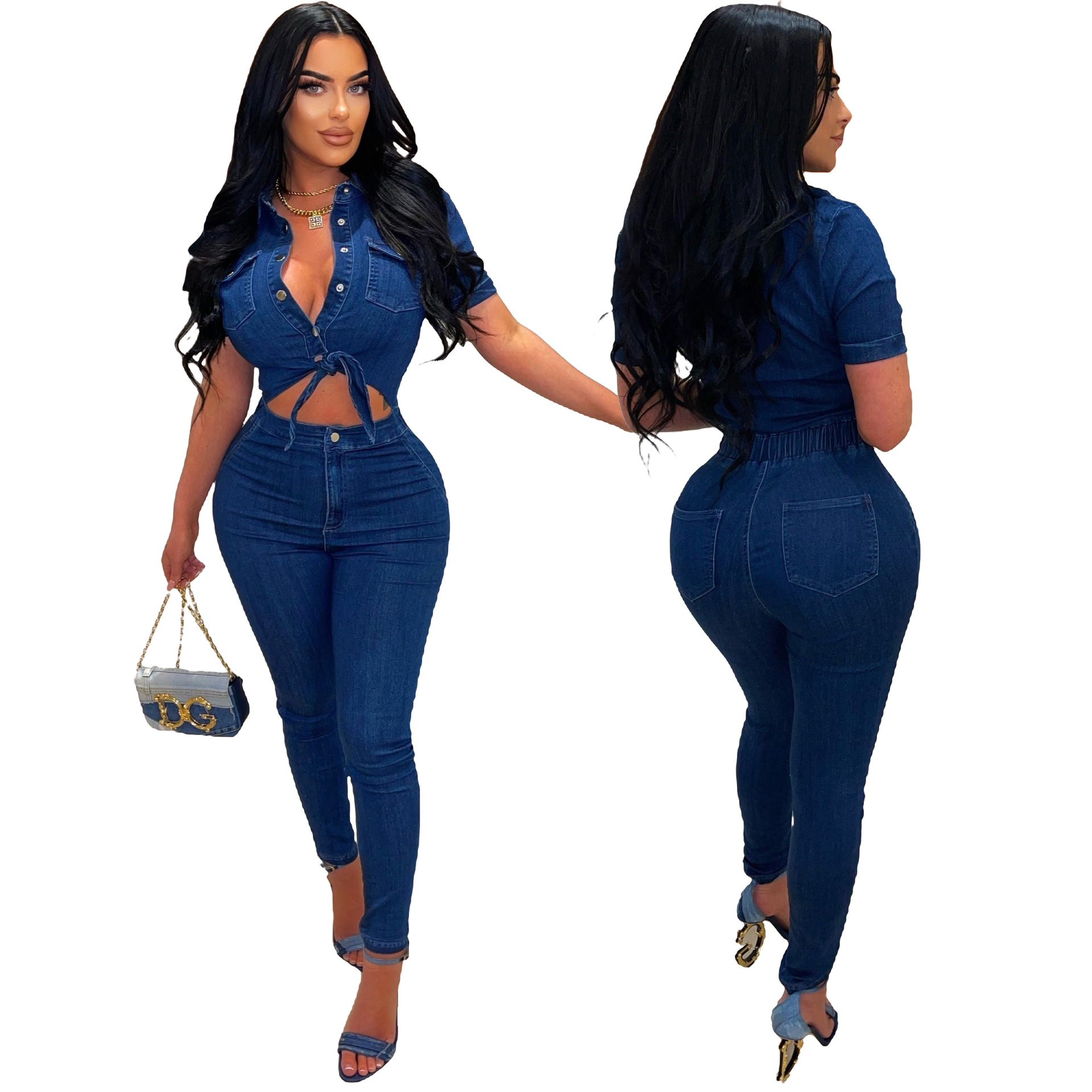 Sexy slim fitting fashion short sleeved denim jumpsuit