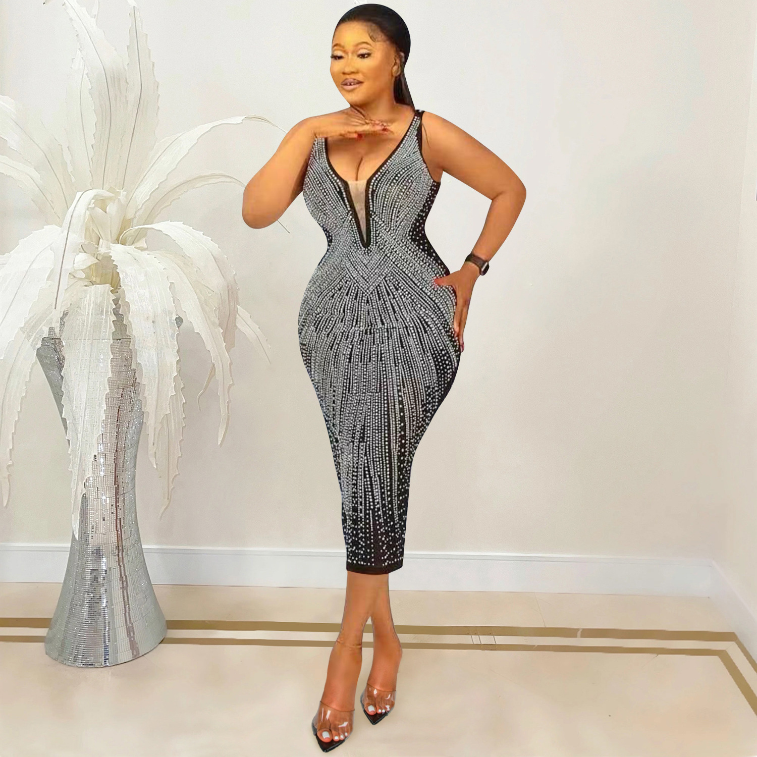 Fashion women dress suspenders sexy tight V-neck rhinestone dress for women plus size casual dress