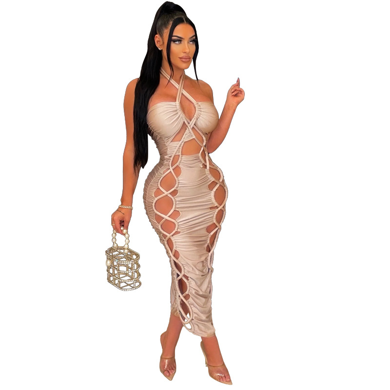 Fashion dress for women 2022 European and American neck hanging hollow tight suspender sexy nightclub dress