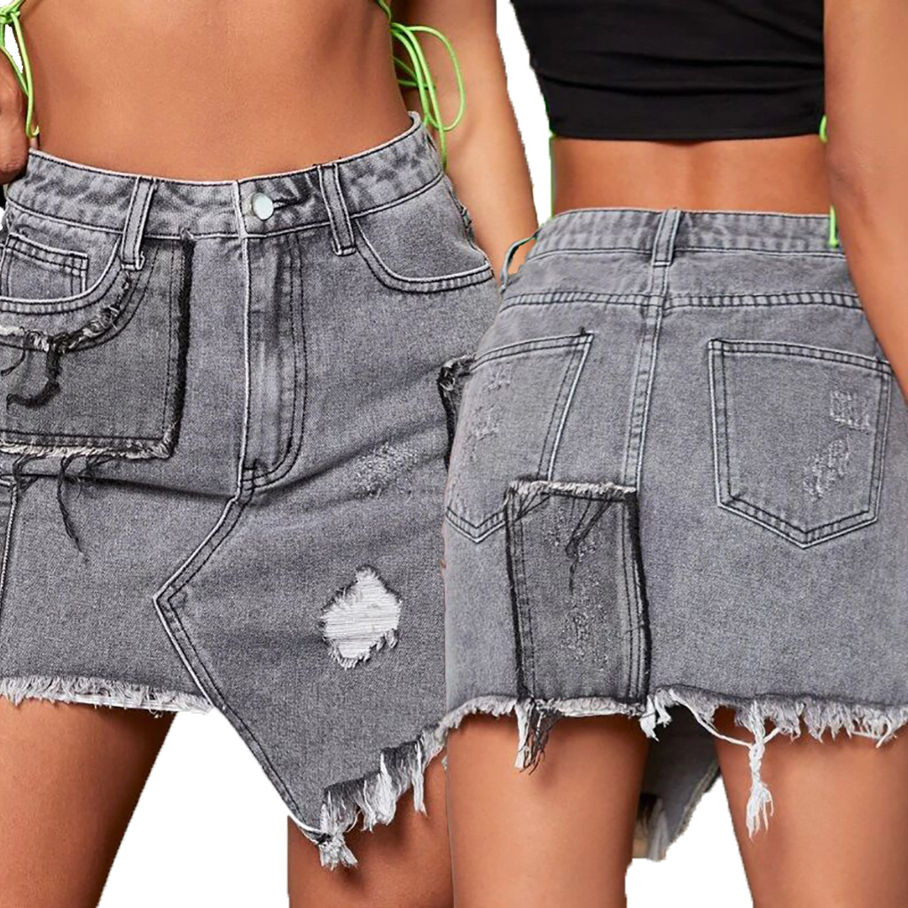 Fashionable jeans skirt with holes and buttocks