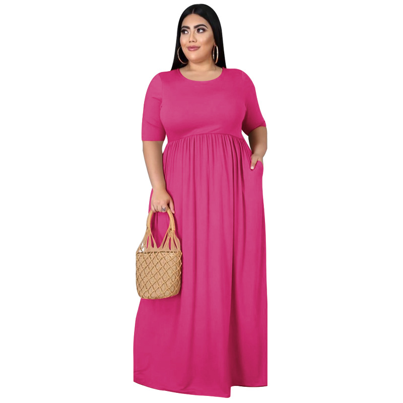 Fashion women dress solid color round neck loose casual plus size dress