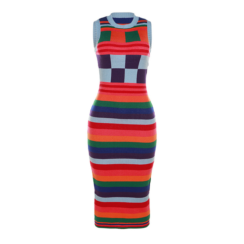 Fashion color blocking sleeveless knitted womens dress