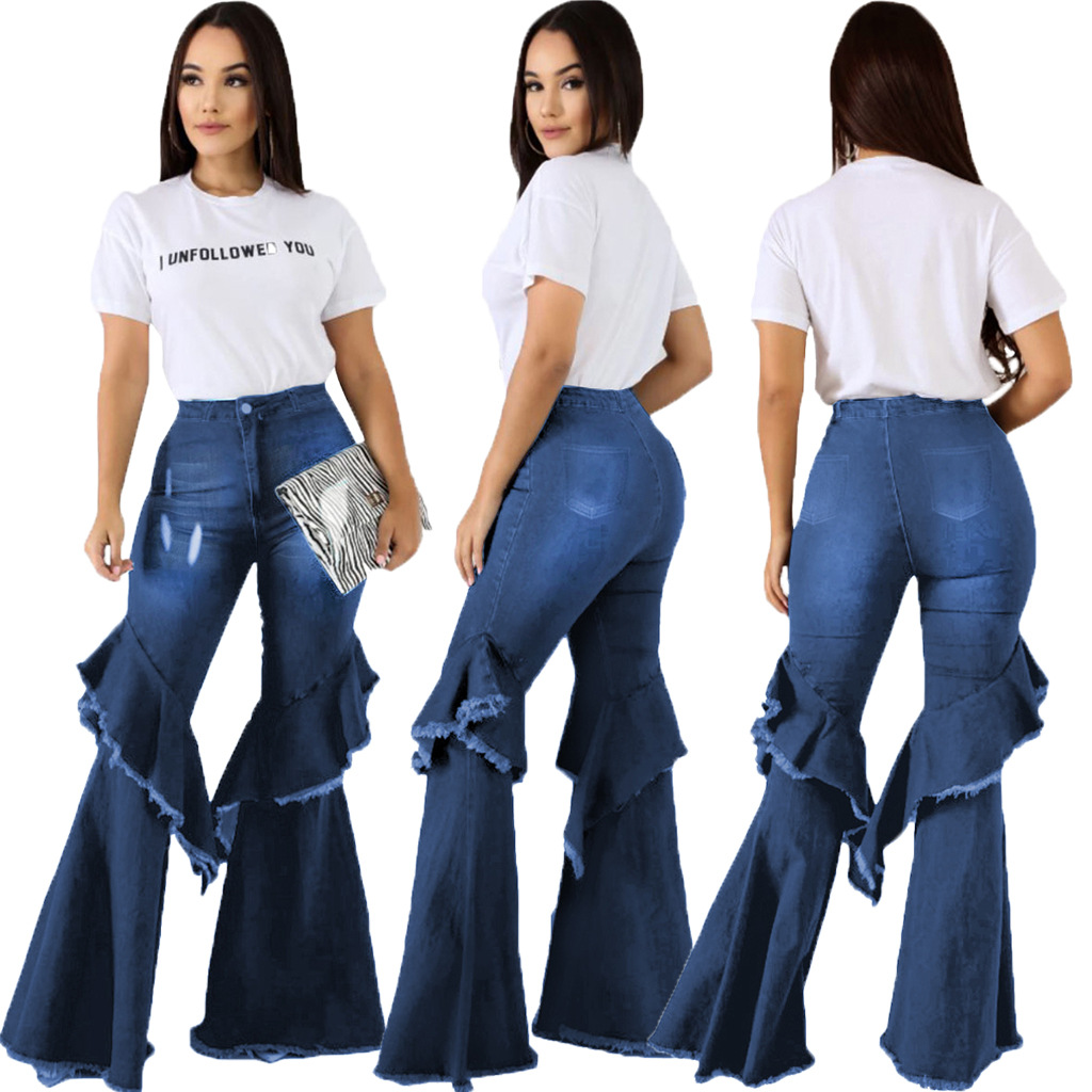 Fashion denim flared pants with hole stitching
