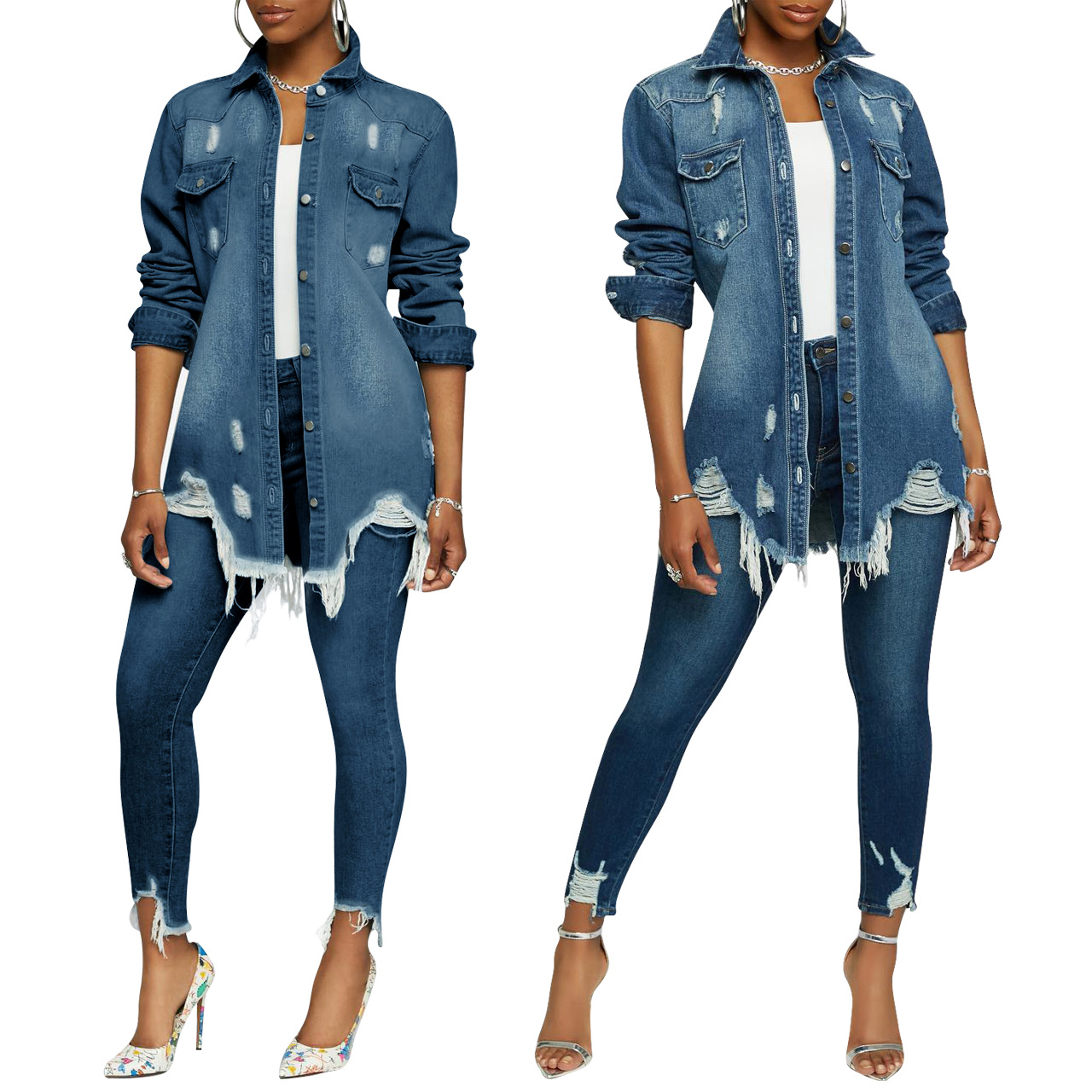 Fashion torn denim two-piece set