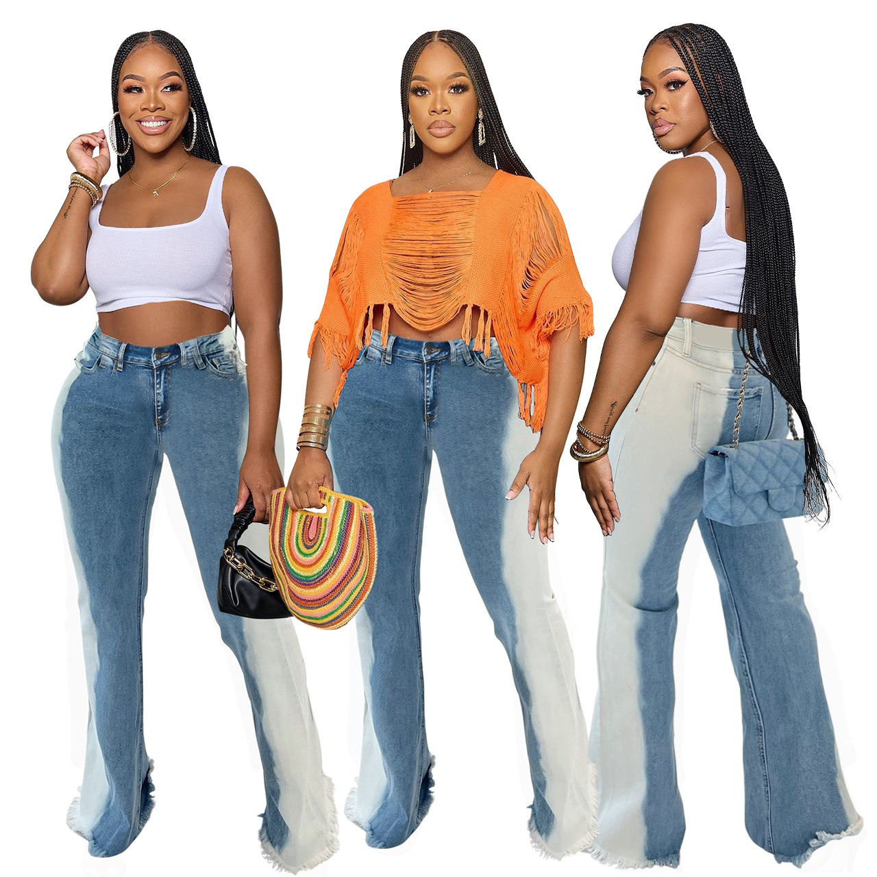 Stretch gradient color blocking micro flare buttocks sexy jeans