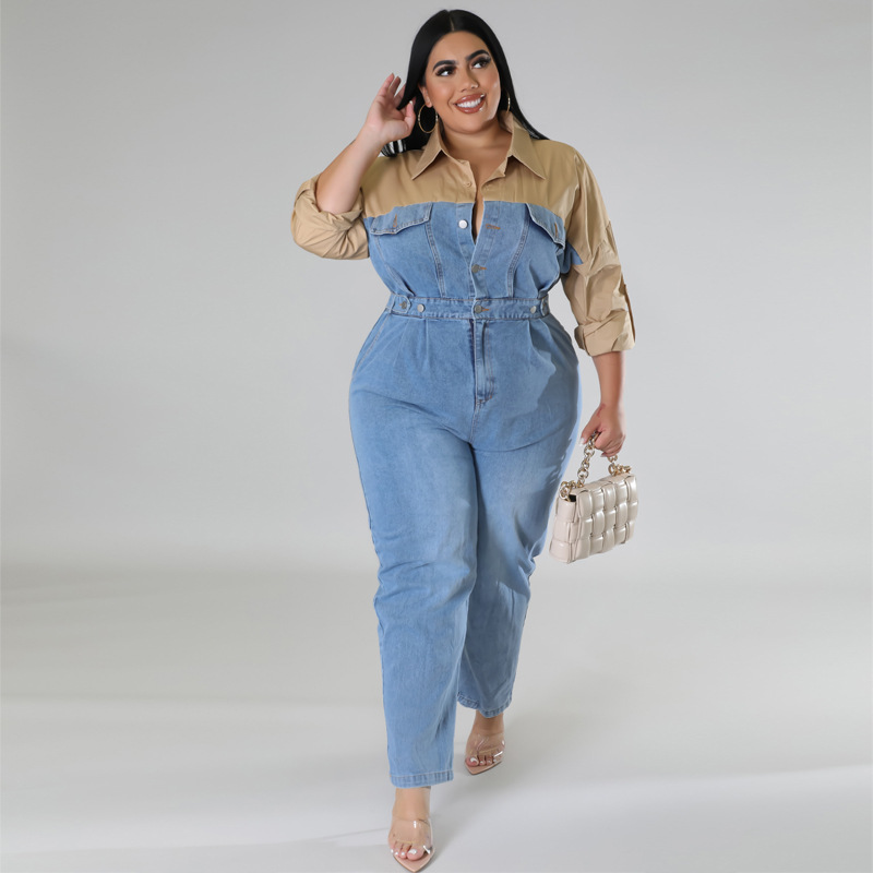 Plus Size Dress European and American wholesale supply denim contrast color dress