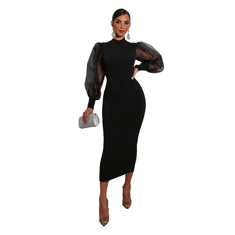 Celebrity Temperament Hepburn Style Black Mesh Stitching Dress
