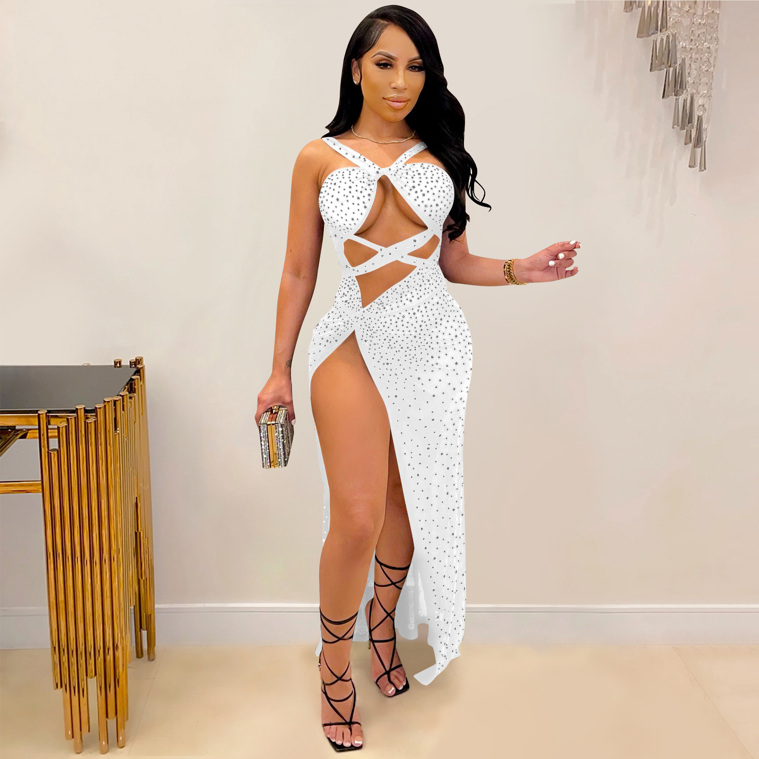 Plus Size Dress new fashion style nightclub mesh hot drilling sexy hollow-out camisole split maxi dress