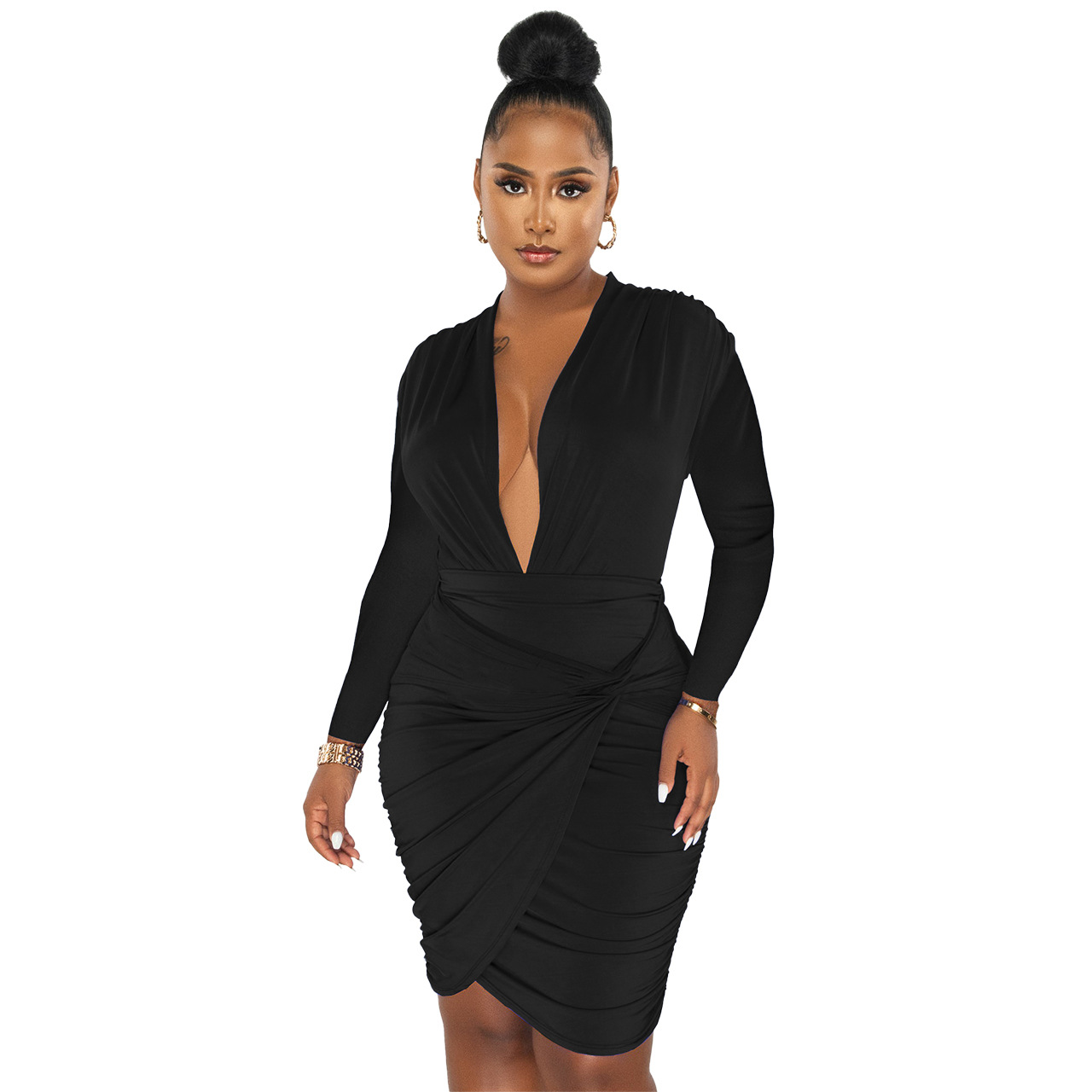 Plus Size Dress Amazon new autumn winter sexy deep V neck twist irregular long sleeve dress