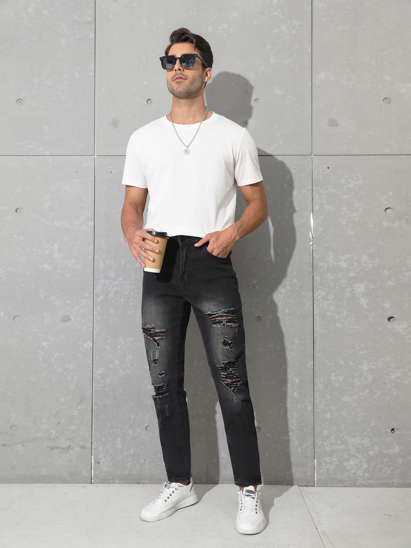 Casual men's stretch pierced dark gray jeans