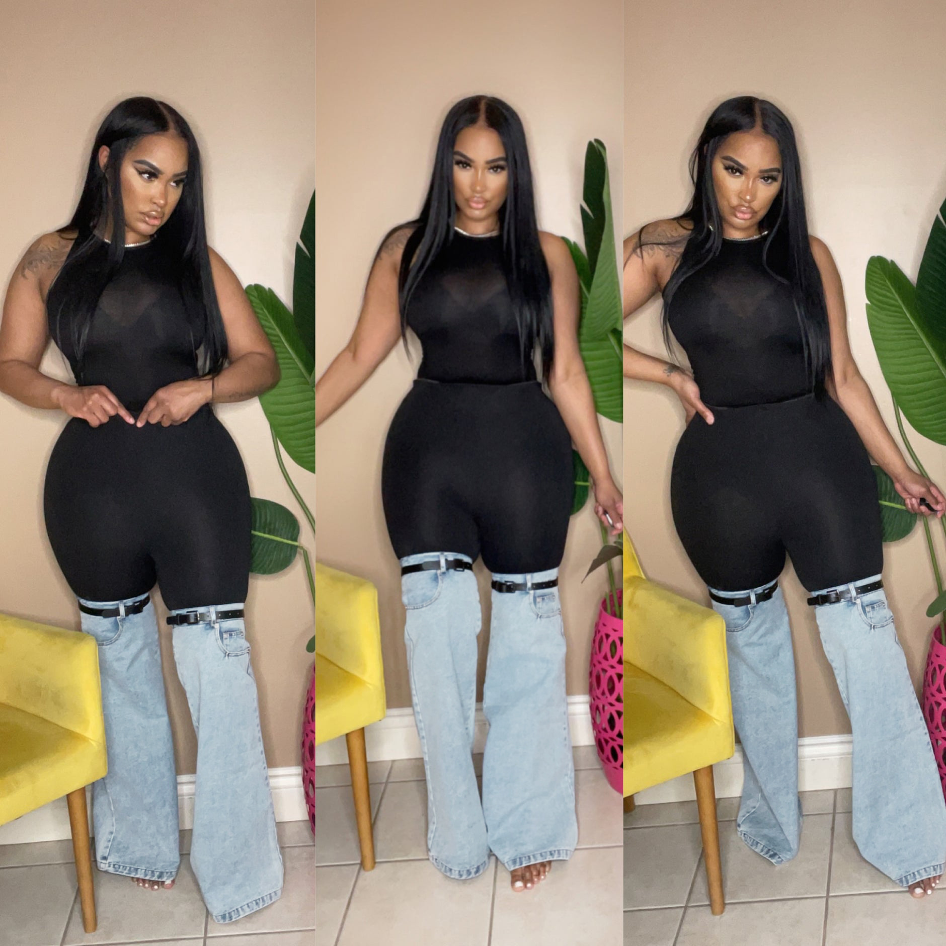 Fashionable knitted stretch washed straight leg wide leg jeans