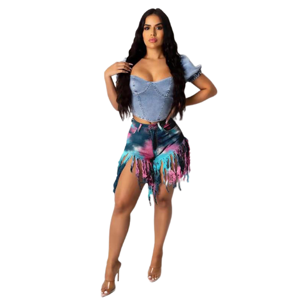 Tie dyed denim shorts with tassels