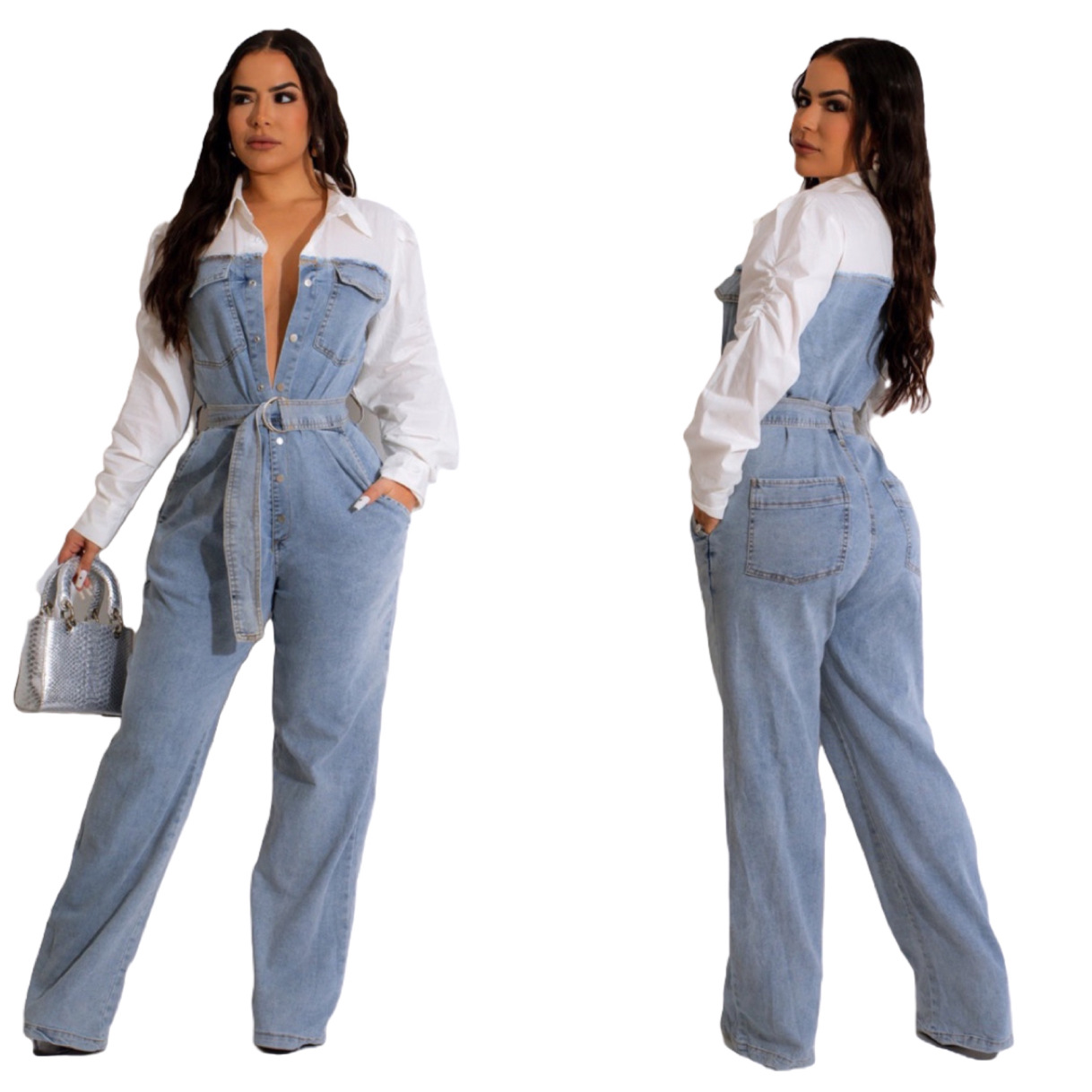 Fashion casual denim patchwork large jumpsuit with belt