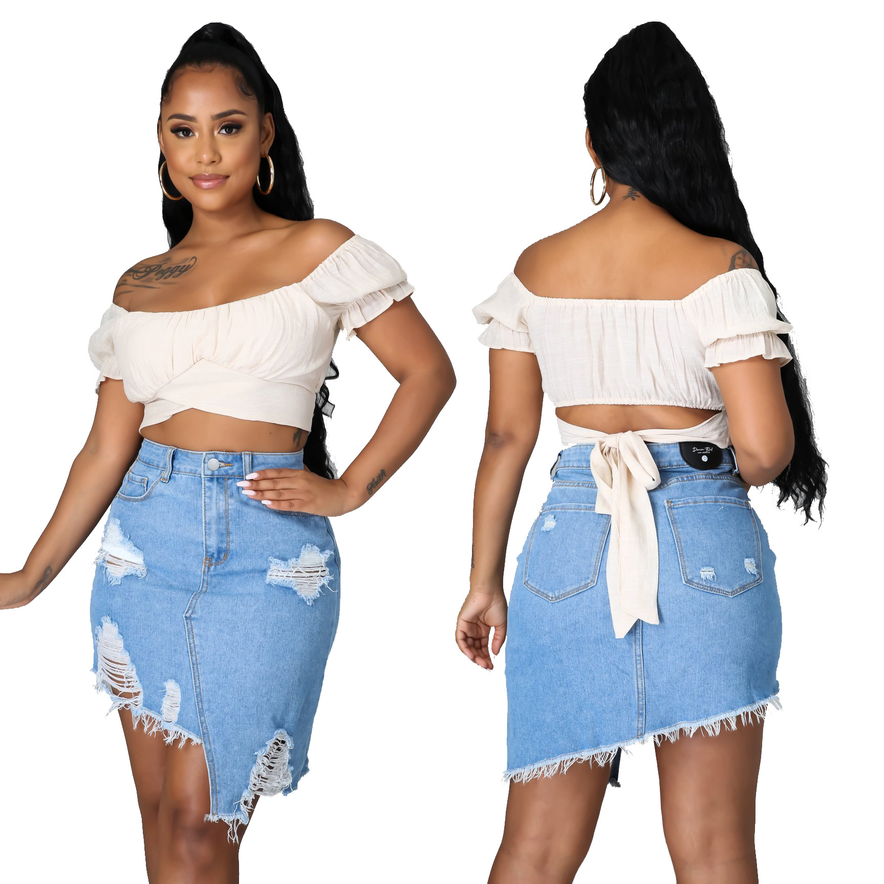 Sexy hole irregular straight denim skirt