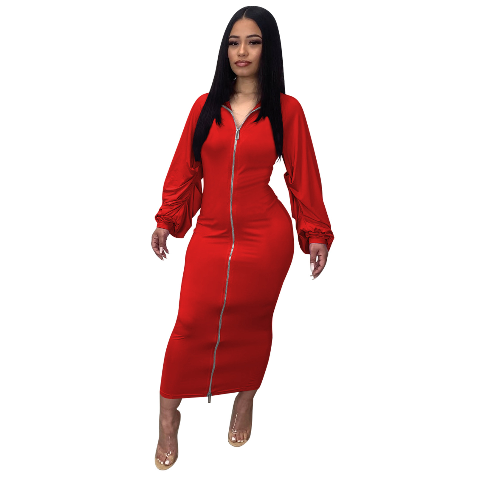 Plus Size Dress solid color double headed zipper turtleneck sleeve pleated dress long skirt