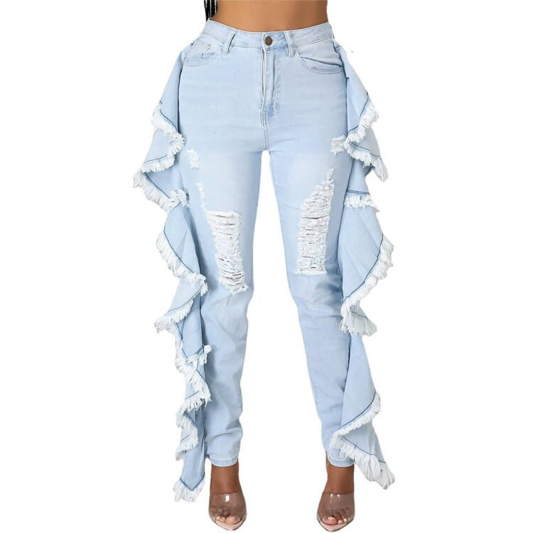 Tassels wash holes slim sexy jeans
