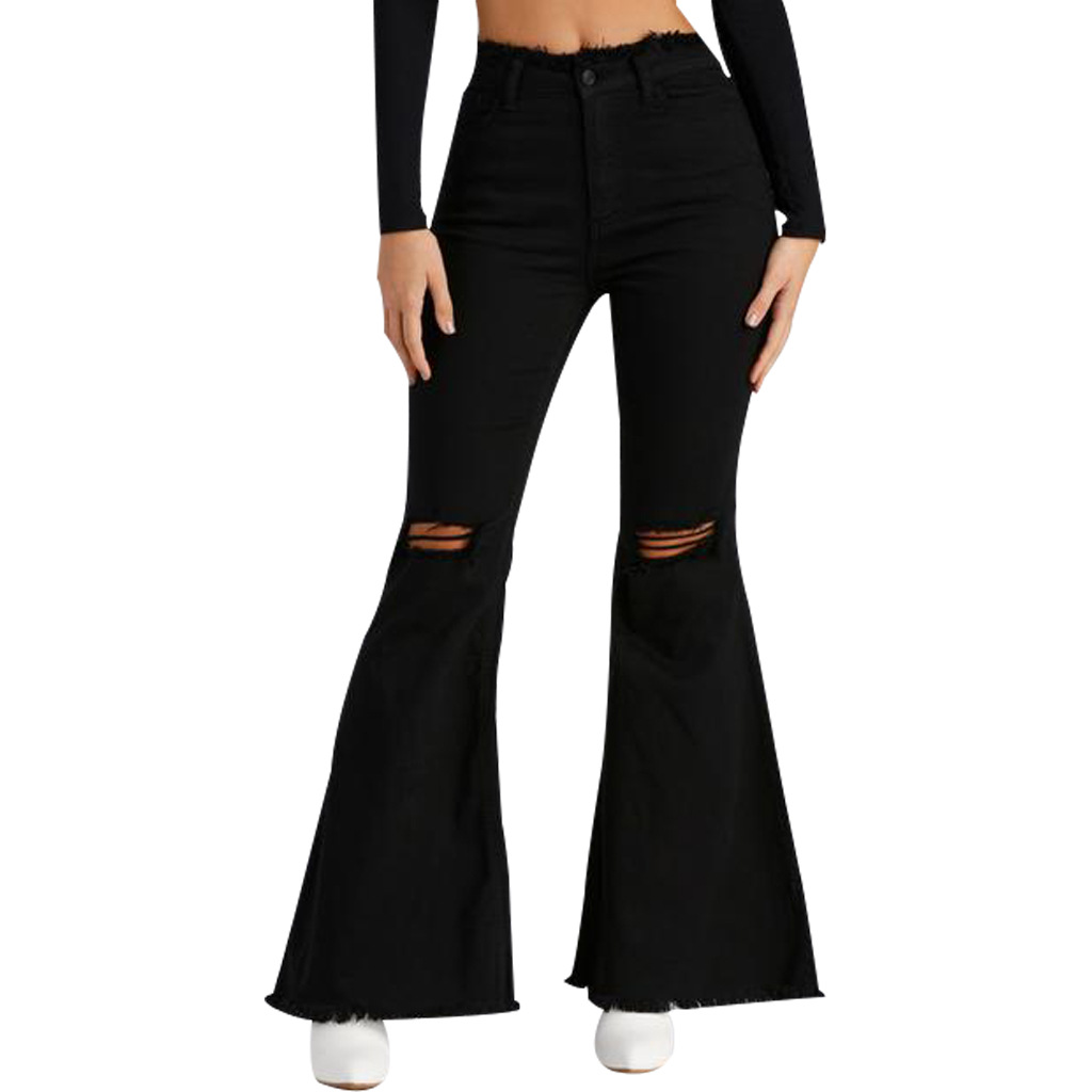 Jeans flared trousers with broken knees