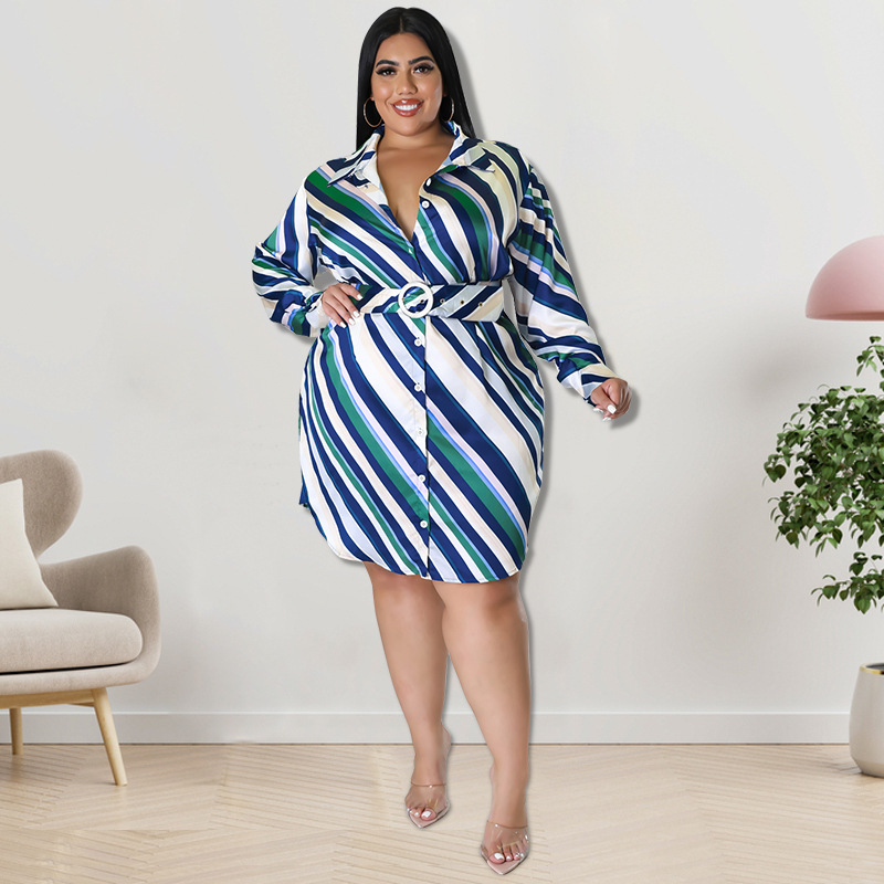 Plus Size Dress Wholesale Supply Autumn Long Sleeve Diagonal Striped Shirt Women Dress
