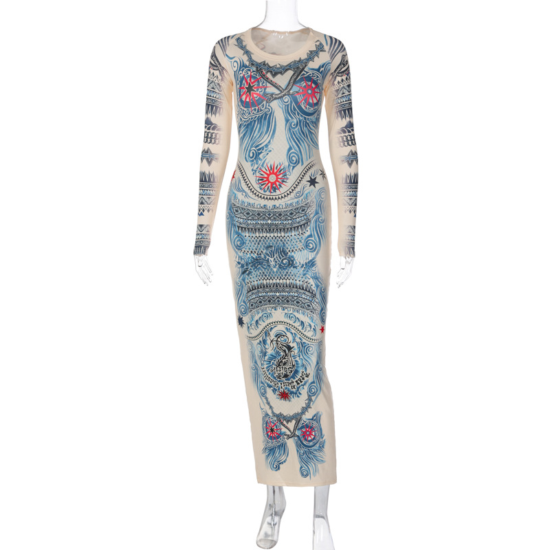 Long Sleeve Round Neck Printed Maxi Dress Fashion Slim Dress